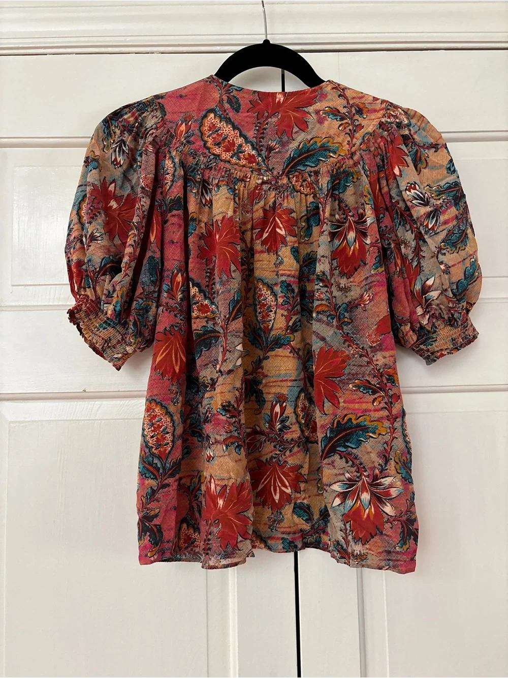 ULLA JOHNSON Dina Top in‎ Coral Bloom Size 2 Puff Sleeve Bib Collar 100% Silk